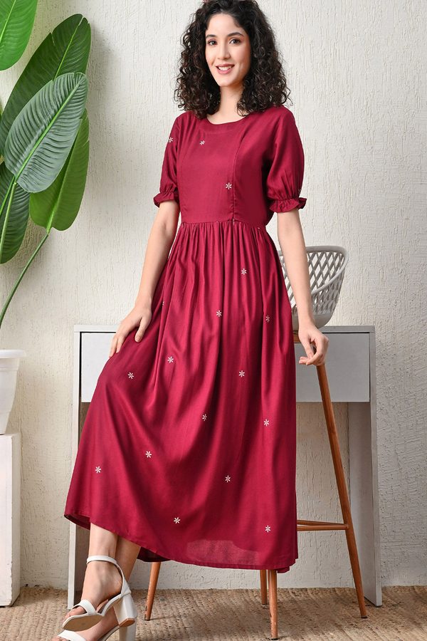 Ichaa Women Floral Embroidered Puff Sleeve Maternity Fit & Flare Midi Dress