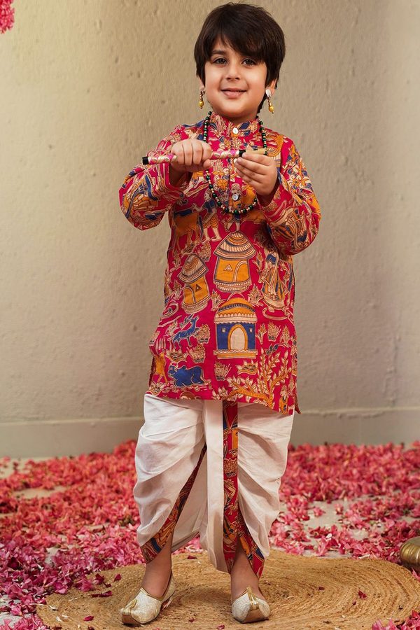 Aj DEZInES Boys Pink Ethnic Motifs Printed Pure Cotton Kurta With Dhoti Pants Set