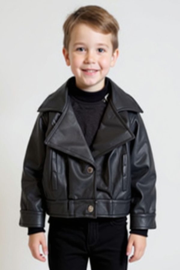 YK Boys Solid Lapel Collar Leather Jacket