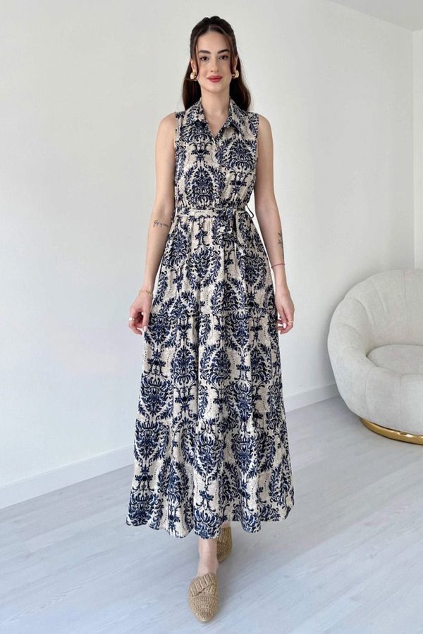 MANOJAVA Women Ethnic Motifs Printed Belted Tiered Shirt Collar Fit & Flare Maxi Dress