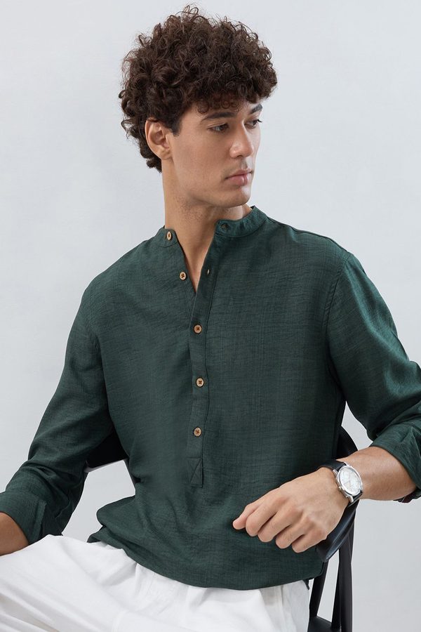 HERE&NOW Band Collar Roll-Up Sleeves Straight Kurta