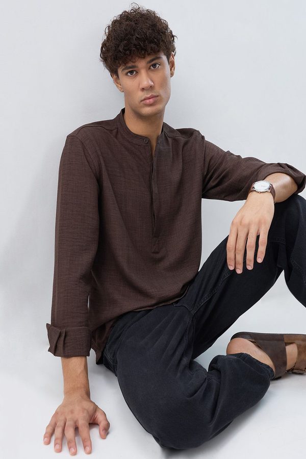 HERE&NOW Band Collar Roll-Up Sleeves Straight Kurta