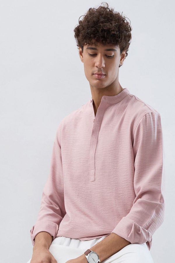 HERE&NOW Band Collar Roll-Up Sleeves Straight Kurta
