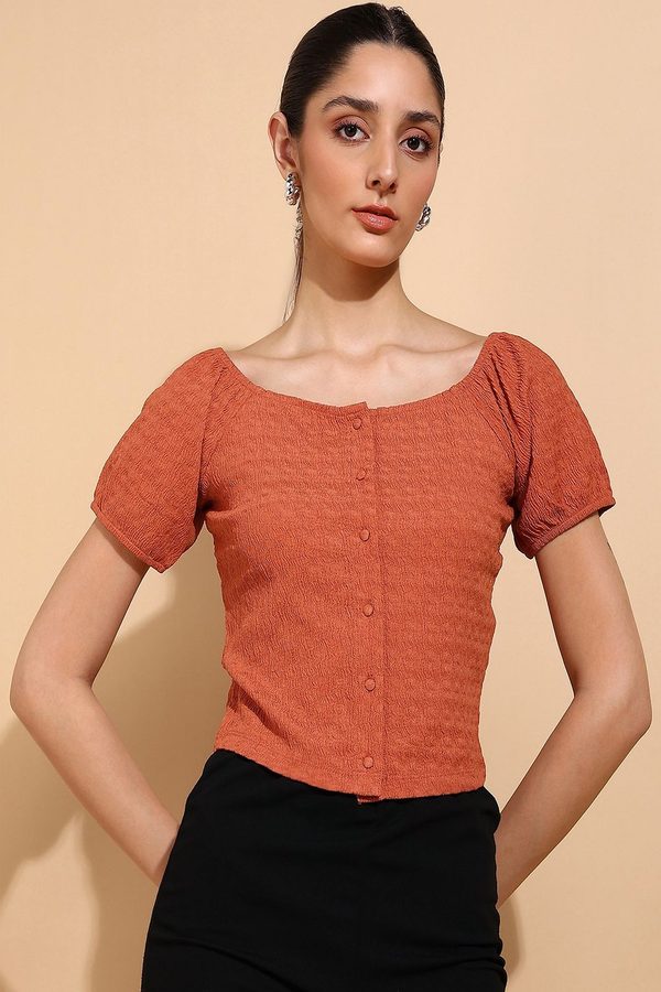 Mast & Harbour Round Neck Puff Sleeve Crop Top