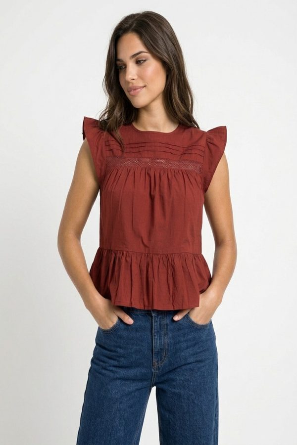 glitchez Floral Lace Gathers Cap Sleeves Pure Cotton Top