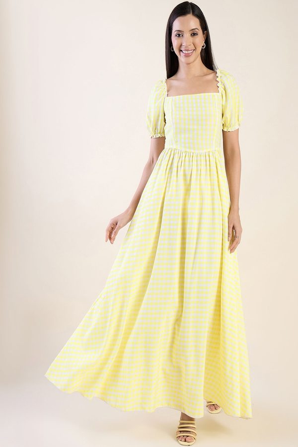 aayu Checked Puff Sleeve A-Line Maxi Dress