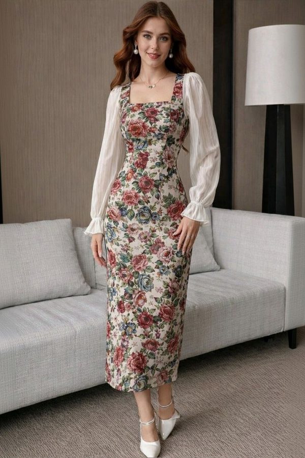 KI STUDIO Floral Print Puff Sleeve Sheath Midi Dress
