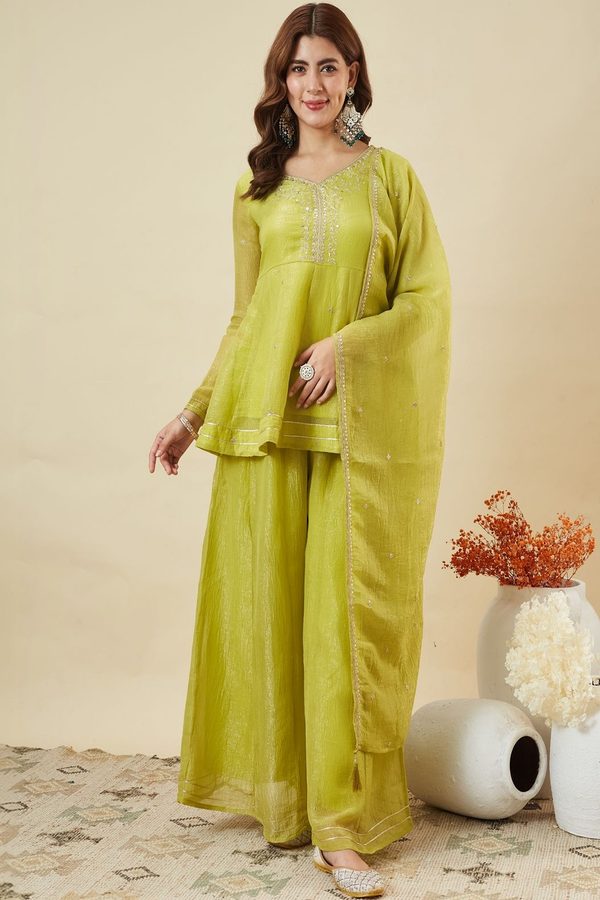 MOKOSH Women Silk Embroidered Kurta And Sharara Set With Dupatta