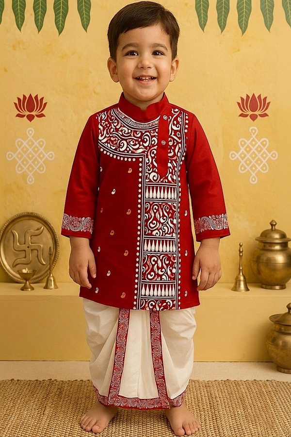 NFC CREATION Boys Ethnic Motifs Embroidered Regular Thread Work Pure Cotton Kurta with Dhoti Pants