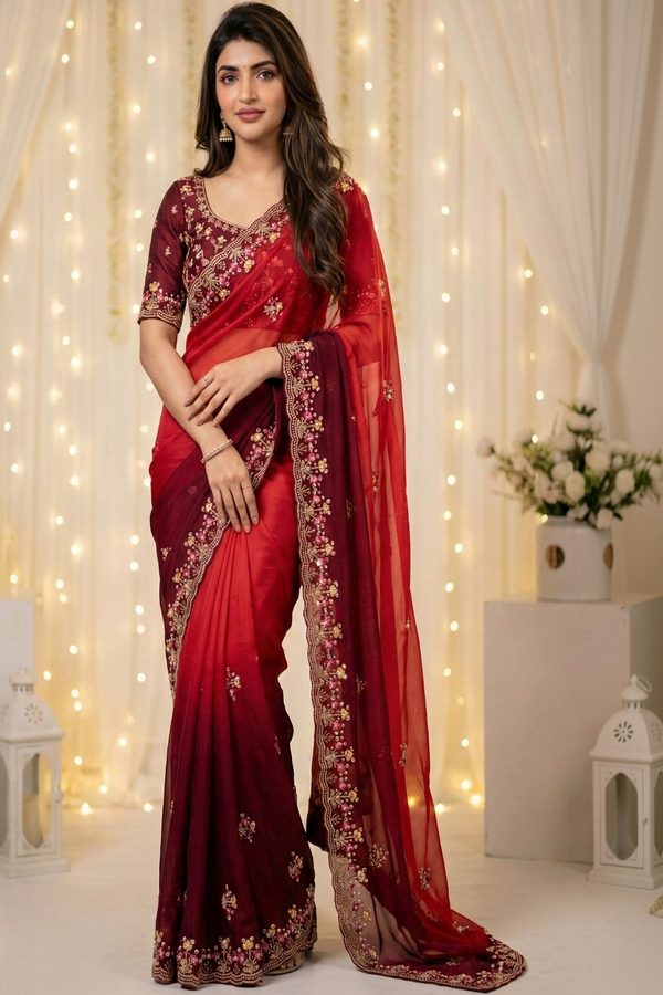 all about you Floral Embroidered Poly Georgette Designer Saree