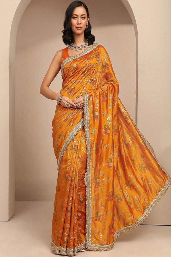 Libas Mustard Tribal Printed Saree With Unstitched Blouse Piece