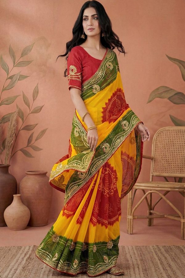 Sangria Bandhani Printed Embroidered Gota Lace Sarees With Unstitched Blouse Piece