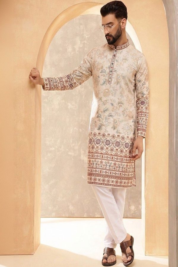 VELKYNOX Men Floral Printed Sequinned Floral Kurta