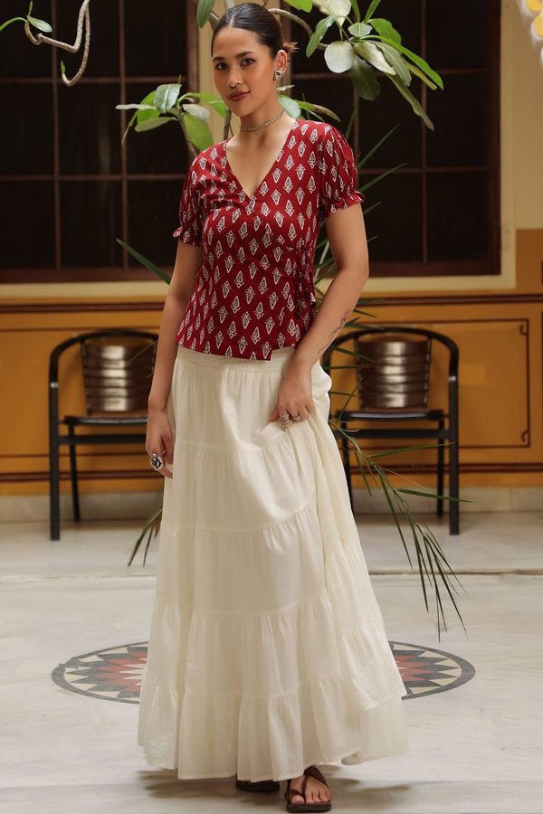 anayna Print Puff Sleeve Ethnic Cotton Wrap Top