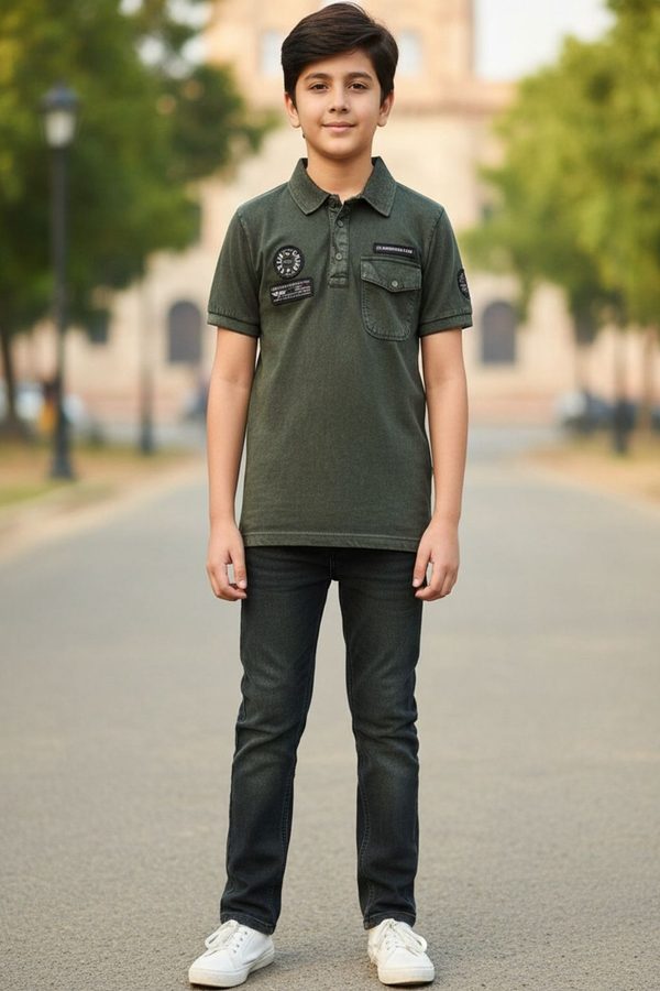 V-Mart Boys Olive Cotton Tshirts