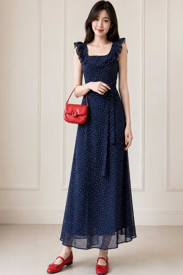 DressBerry Polka Dot Print Flutter Sleeve Ruffled Fit & Flare Maxi Dress