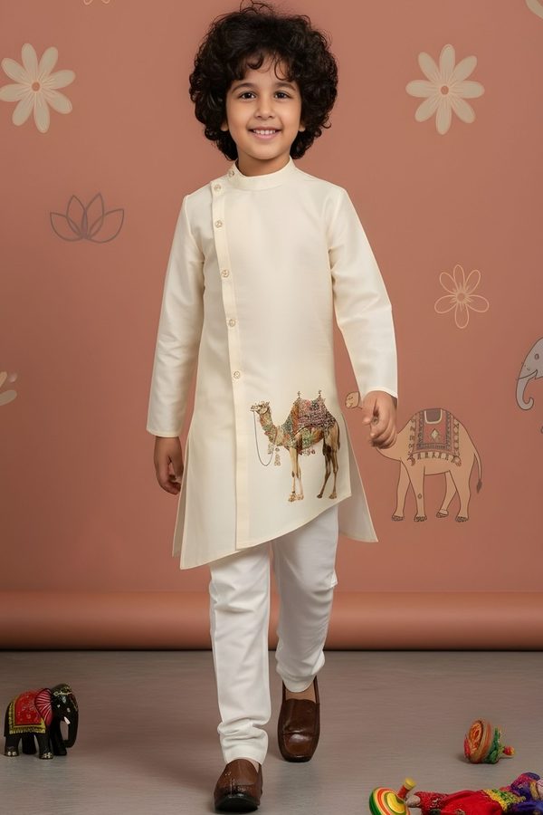 KALINI Boys Ethnic Motifs Printed Angrakha Dupion Silk Kurta with Pyjamas