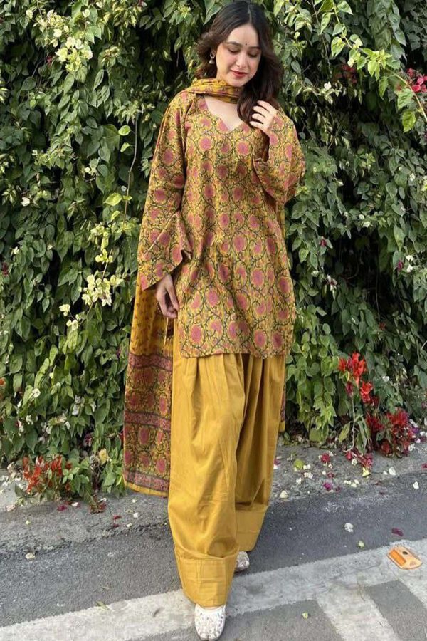 GoSriKi Women's Mustard Cotton Blend Printed Short Kurta With Farshi Salwar & Dupatta Sets