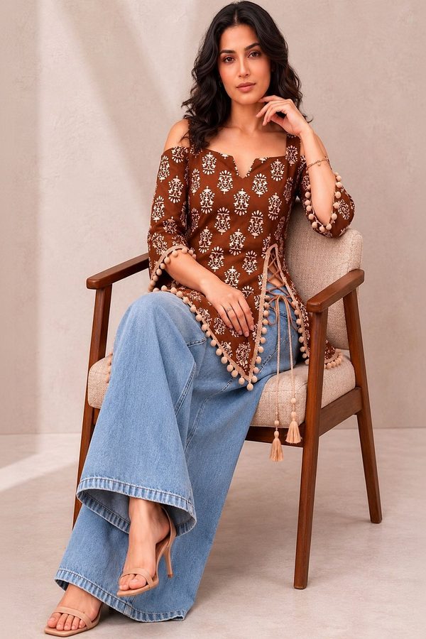KATARA FASHION Print Cold-Shoulder Ethnic Top
