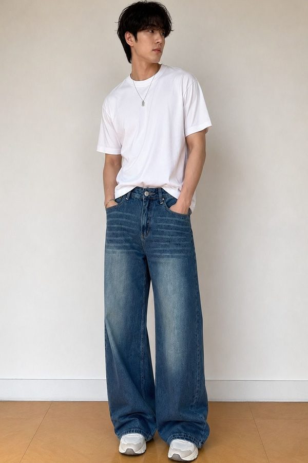 Line out line Men Wide Leg High-Rise Low Distress Heavy Fade Jeans