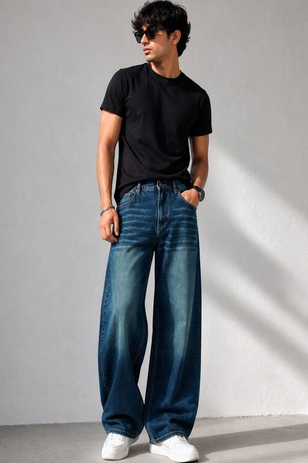 Line out line Men Wide Leg Mid-Rise Low Distress Jeans