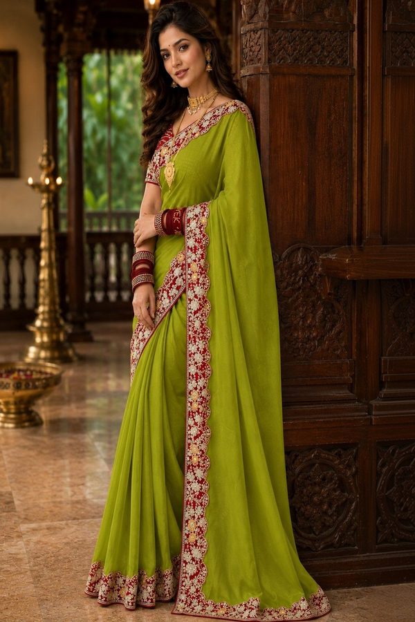 Sangria Floral Embroidered Poly Chiffon Saree