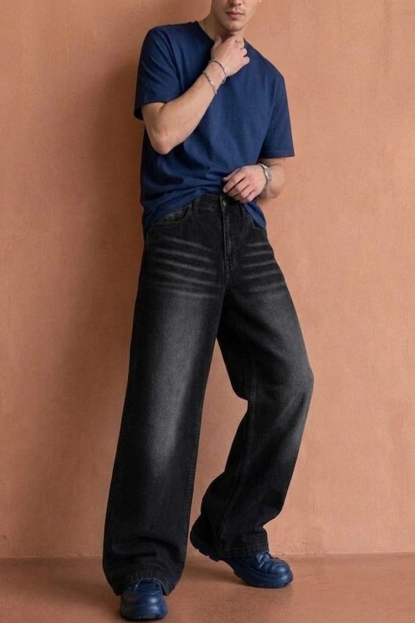 WOOMNY Men Wide Leg Mid-Rise Light Fade Jeans