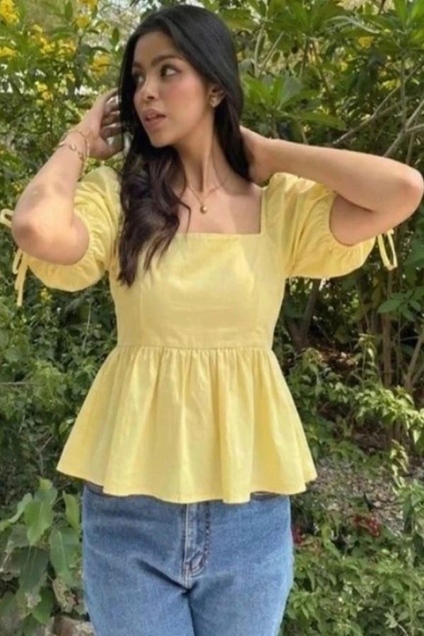 VYMO Puff Sleeve Cotton Peplum Top