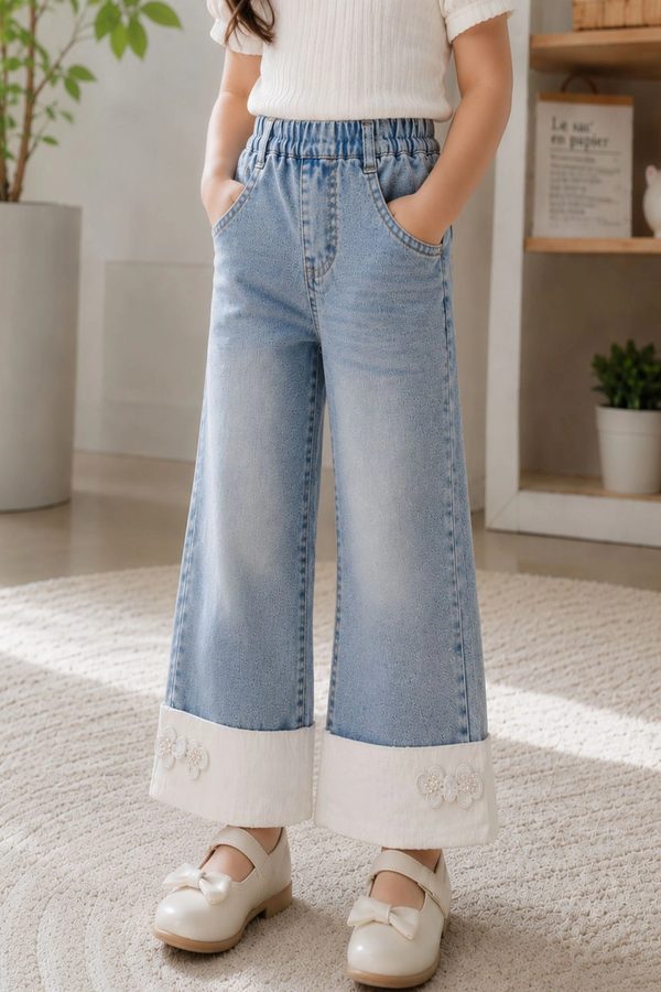 Peppy Orange Girls Wide Leg High-Rise Embellished Jeans