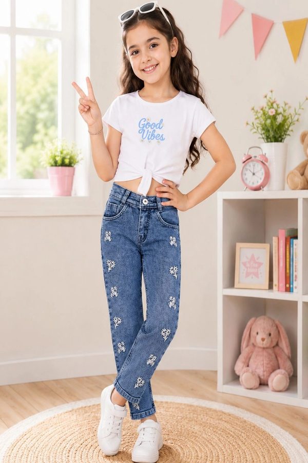 BAESD Girls Original Regular Fit Mid-Rise Light Fade Embroidered Jeans