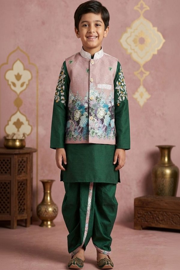 AHLAN APPARELS Boys Ethnic Motifs Regular Dupion Silk Kurta with Dhoti Pants