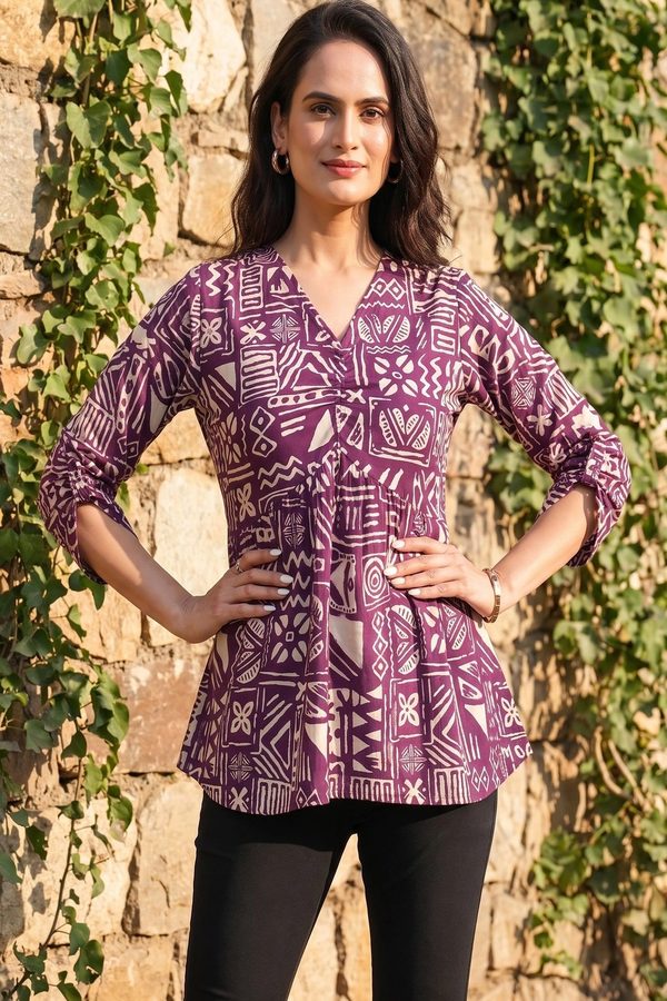 HEMANG FASHION Print Roll-Up Sleeves Cotton Blend Top