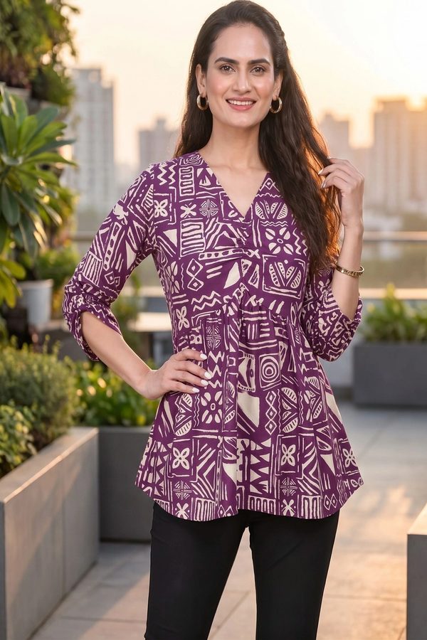 HIALTO Tribal Print Roll-Up Sleeves Cotton Blend Top