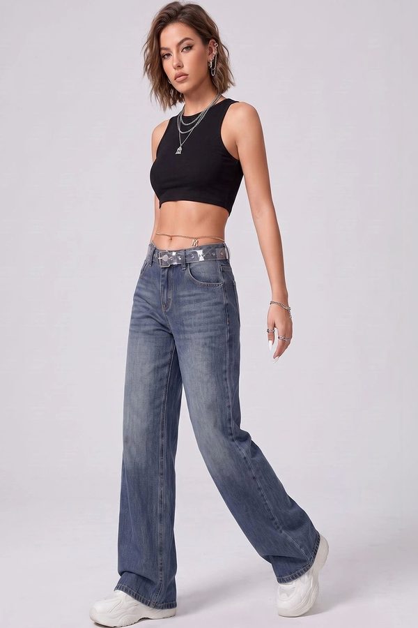 DressBerry Women Comfort Wide Leg High-Rise Low Distress Stretchable Jeans