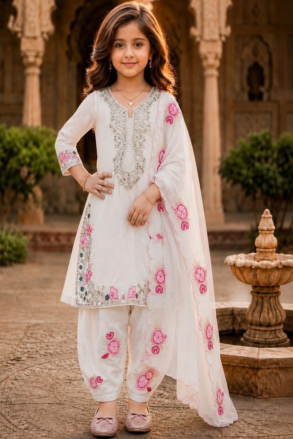 KALINI Girls Floral Embroidered Regular Sequinned Silk Crepe Kurta with Patiala & With Dupatta