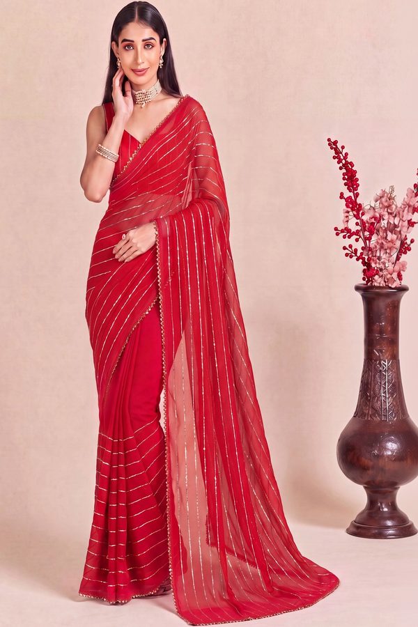Anouk Striped Sequinned Poly Georgette Designer Saree