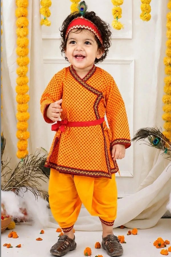 BownBee Boys Ethnic Motifs Printed Angrakha Pure Cotton Kurta with Dhoti Pants