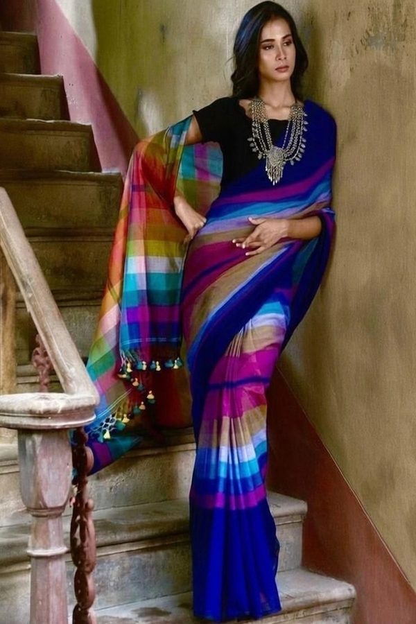 srinjan fashion Striped Linen Blend Saree
