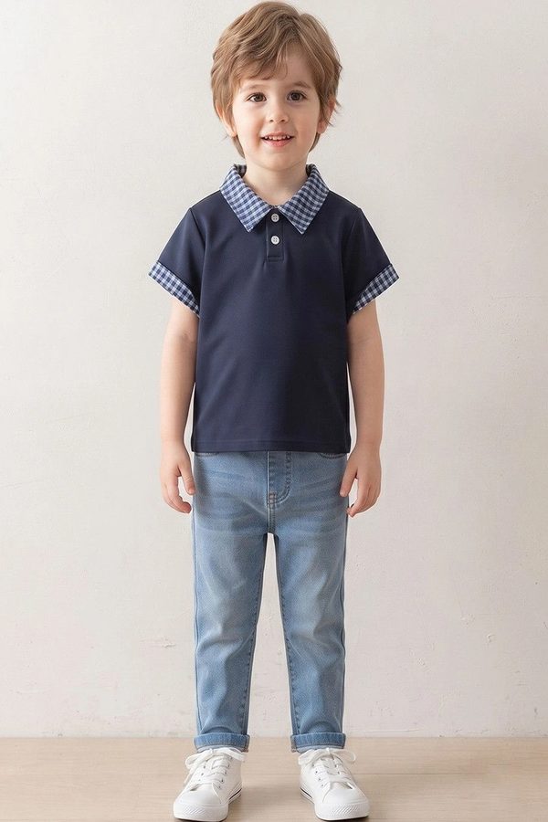 Kiddelpret Boys Colourblocked Polo Collar Roll-Up Sleeves T-shirt