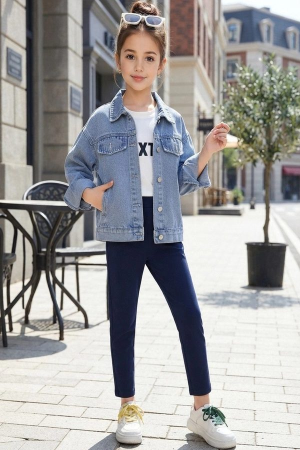 YK Girls Denim Jacket with Embroidered