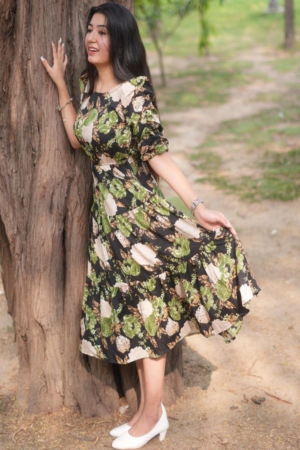 all about you Floral Print Puff Sleeve Crepe A-Line Dress
