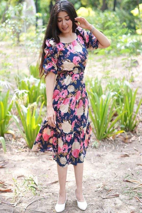 all about you Floral Print Puff Sleeve Crepe A-Line Midi Dress