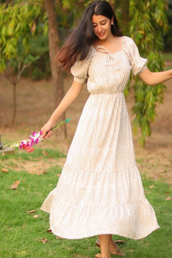 all about you Print Puff Sleeve Crepe A-Line Maxi Dress