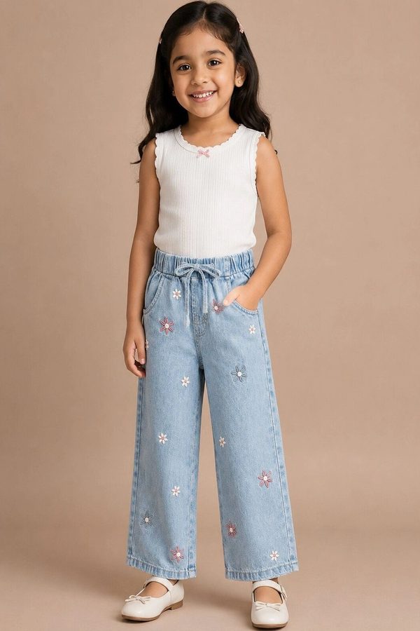 DENRO Girls Wide Leg Mid-Rise Embroidered Jeans