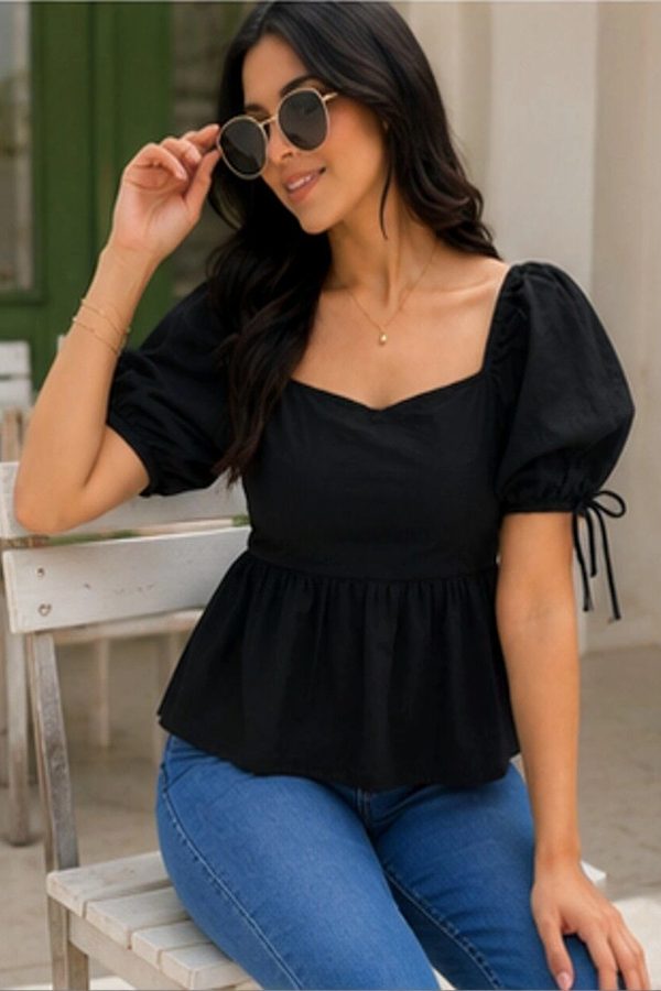 SATHRAY Puff Sleeve Smocked Cotton Blend Peplum Top